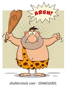 Angry Caveman Cartoon Character Holding A Club. Vector Illustration Isolated On White Background
