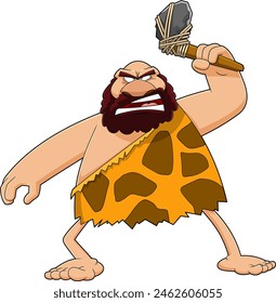 Angry Caveman Cartoon Character Holding A Stone Axe. Vector Hand Drawn Illustration Isolated On Transparent Background