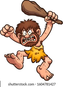 Angry caveman waving a big club over his head clip art. Vector  cartoon illustration with simple gradients. All in a single layer. 
