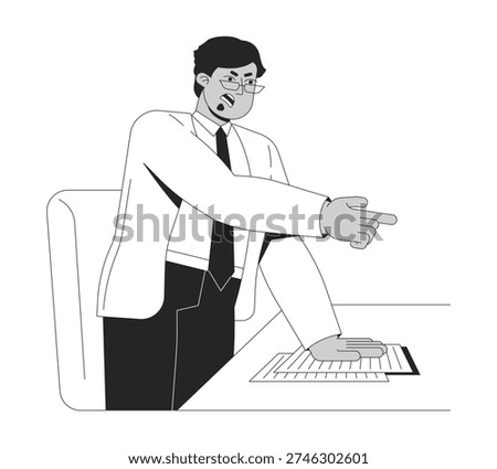 Angry CEO yelling and accusing at desk 2D line character. Managerial outburst. Furious middle eastern boss shouting blaming isolated vector ink outline person. Monochromatic spot illustration