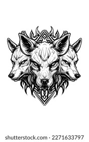 angry cerberus head hand drawn illustration