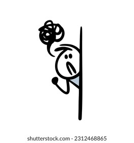 Angry character looks out from behind the corner of the wall and shakes his fist. Vector illustration of aggressive stickman. Cartoon image isolated on white background.