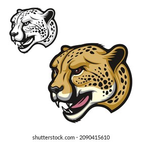 Angry Cheetah Cartoon Animal Mascot, Roaring Wild Cat Head, Vector Character. School Sport Team Or University Football Or Soccer Club Symbol Of Cheetah A With Fierce Fangs. Cartoon Beast