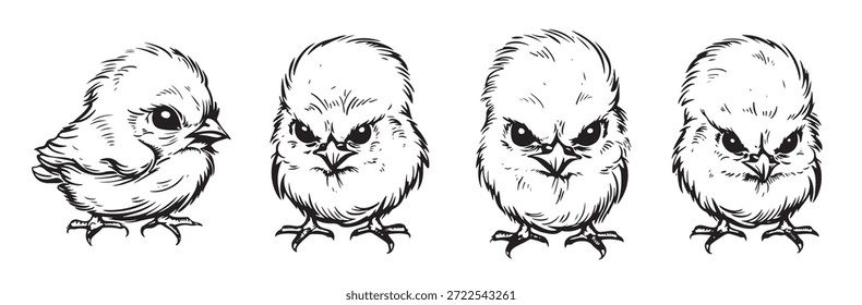 Angry Chick Set Doodle adorable minimalista de dibujos animados de pollo 