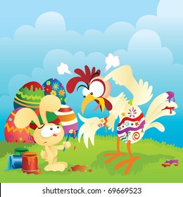 Angry chicken and Easter bunny cartoon. Lots of spacing for custom text.