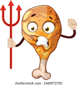 Pata de pollo enojada sosteniendo un tridente, ilustración, vector sobre fondo blanco.