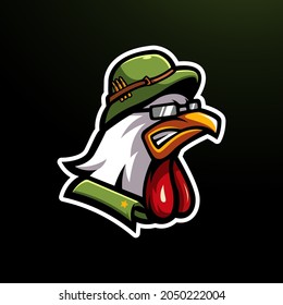 angry chicken wearing military helmet 