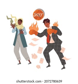 Angry chief in boxing gloves fighting against stressed female employee wearing hijab. Evil boss and stressed staff vector illustration