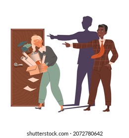 Angry chief firing crying employee. Evil boss and stressed staff vector illustration