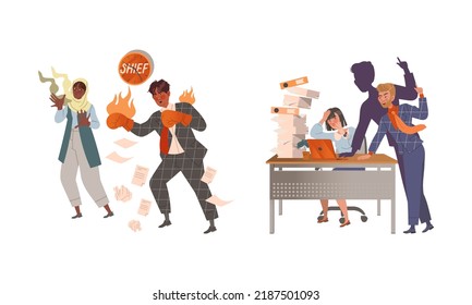 Angry Chief Yelling at Office Employee Fighting with Boxing Gloves and Shouting Vector Set