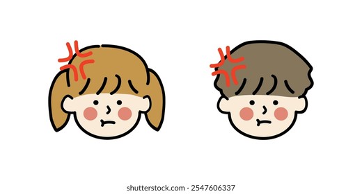 Angry child boy and girl head. Feeling, argument, mood, expression concepts. Hand drawn people character vector design illustration isolated on white background.