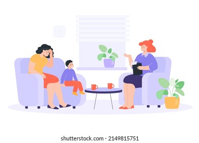 Angry Child Having Psychology Session Flat Vector Illustration. Desperate Mom Sitting On Sofa With Kid. Son Talking With Psychologist. Family Psychotherapy, Help, Mental Health Concept