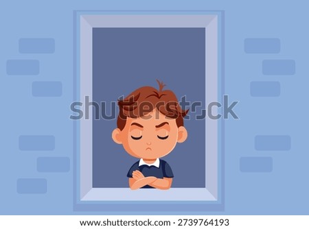 
Angry Child Looks Out the Window Staying Indoors Vector Illustration 
  
Sulking boy confined to the house because of his naughty behavior 