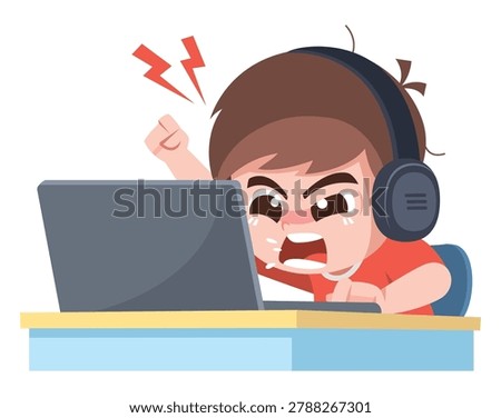 Angry Child Playing Online Game on Computer Cartoon Illustration