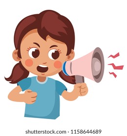 angry child screaming into a megaphone. Cartoon vector illustration