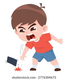 Angry Child Throwing Smartphone and Breaking It Cartoon Illustration
