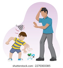 Angry child throwing toy on floor, father trying to calm down. Ideal for educational materials and training