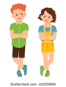 Angry children with crossed hands isolated on white background. Frown sad boy and tough girl vector illustration