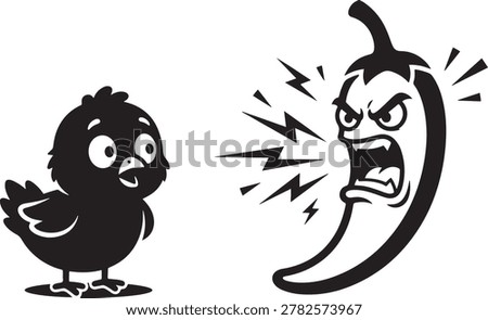Angry chili pepper shouting at a little black bird standing nearby