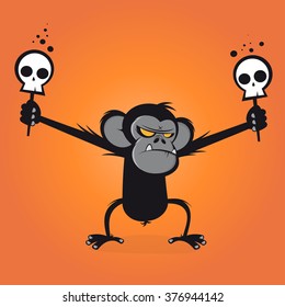 angry chimp is holding skulls on a stick