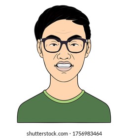 angry chinese teenager with glasses. vector cartoon avatar with green tshirt.