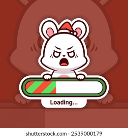 Angry Christmas Bunny Holding a Loading Bar, Cute Vector Sticker Design