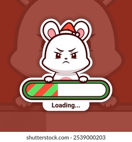 Angry Christmas Bunny Holding a Loading Bar, Cute Vector Sticker Design
