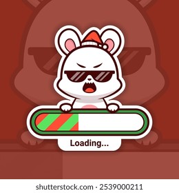 Angry Christmas Bunny Holding a Loading Bar, Cute Vector Sticker Design