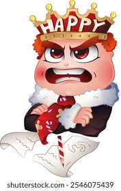 Angry Christmas character expressing dissatisfaction and anger with Christmas crown. Set of holiday emotions