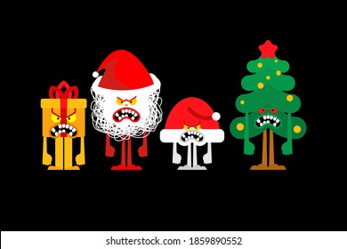 Angry Christmas. Crazy Christmas tree and gift box. Mad Santa and red bag. Xmas and New Year vector illustration