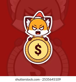 Angry Christmas Fox Holding Coin or Money Icon, Vector Sticker Design