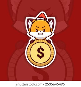 Angry Christmas Fox Holding Coin or Money Icon, Vector Sticker Design