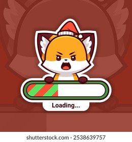 Angry Christmas Fox Holding a Loading Bar, Cute Vector Sticker Design, the holidays are coming soon