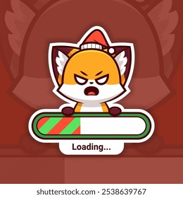 Angry Christmas Fox Holding a Loading Bar, Cute Vector Sticker Design, the holidays are coming soon