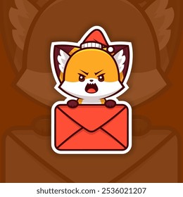 Raiva Natal Fox segurando Ícone de E-mail, Vetor Adesivo Design