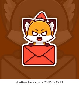 Angry Christmas Fox Holding Mail Icon, Vector Sticker Design