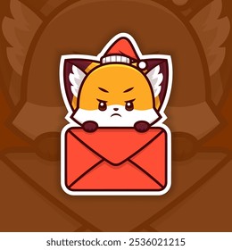 Angry Christmas Fox Holding Mail Icon, Vector Sticker Design