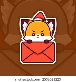 Angry Christmas Fox Holding Mail Icon, Vector Sticker Design