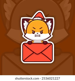 Angry Christmas Fox Holding Mail Icon, Vector Sticker Design