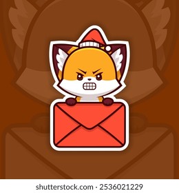 Angry Christmas Fox Holding Mail Icon, Vector Sticker Design