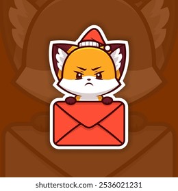 Angry Christmas Fox Holding Mail Icon, Vector Sticker Design