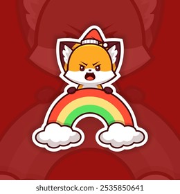 Angry Christmas Fox Holding Rainbow Icon, Vector Sticker Design