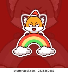 Angry Christmas Fox Holding Rainbow Icon, Vector Sticker Design