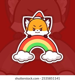 Angry Christmas Fox Holding Rainbow Icon, Vector Sticker Design