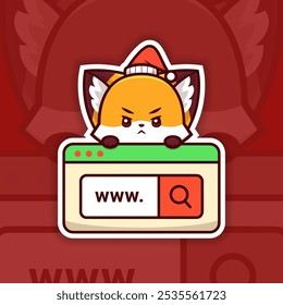 Angry Christmas Fox Holding a Web Search Icon, Sticker Design Vector