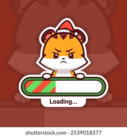 Angry Christmas Tiger Holding a Loading Bar, Cute Vector Sticker Design