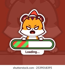 Angry Christmas Tiger Holding a Loading Bar, Cute Vector Sticker Design