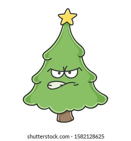 Angry Christmas tree cartoon character isolated on white