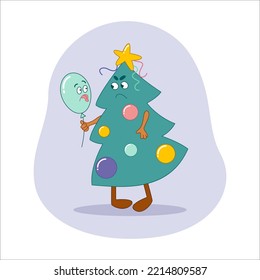 Angry Christmas tree character with a balloon. Cartoon style. Vector illustration.