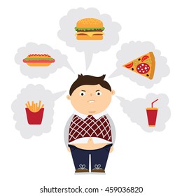 Angry chubby kid dreaming of fastfood. Boy with overweight. Isolated cartoon character. Wish in clouds.